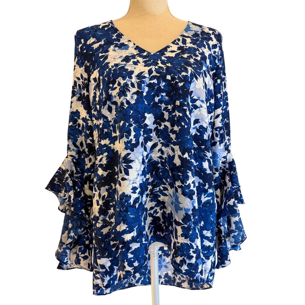 Vince Camuto Womens Blue White Floral V-Neck Tiered Ruffle Sleeve Blouse Size M